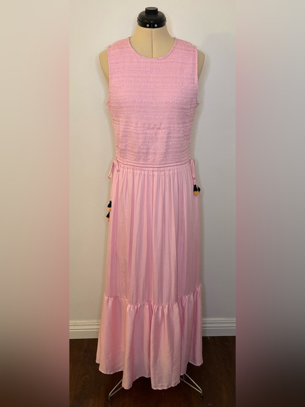 Dolan Marissa Pink Smocked Bodice Ruffle Tier Hem Maxi Dress, Tassel Tie Waist L